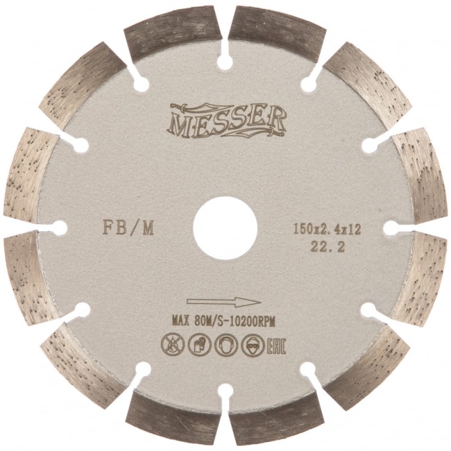 Сегментный алмазный диск по железобетону MESSER 150D-2.4T-12W-12S-22.2 01-15-150 Сегментный алмазный диск по железобетону MESSER 150D-2.4T-12W-12S-22.2 01-15-150