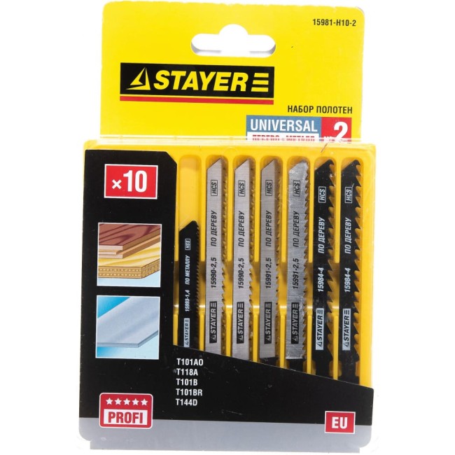 Набор полотен по дереву и металлу, для электрического лобзика, EU, T144D, T101B, T101BR, T101AO, T118A STAYER МАСТЕР №2 15981-H10-2 Набор полотен по дереву и металлу, для электрического лобзика, EU, T144D, T101B, T101BR, T101AO, T118A STAYER МАСТЕР №2 15981-H10-2