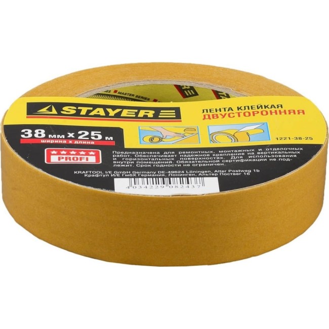 Двусторонняя клейкая лента STAYER 38ммх25м 1221-38-25